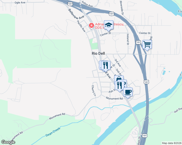 map of restaurants, bars, coffee shops, grocery stores, and more near 597 View Avenue in Rio Dell
