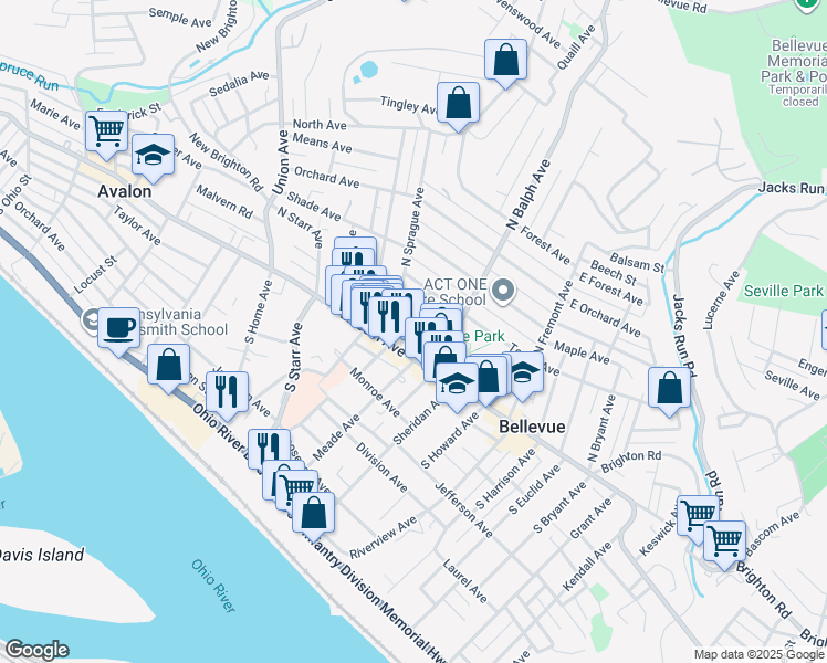 map of restaurants, bars, coffee shops, grocery stores, and more near 537 Bayne Avenue in Pittsburgh