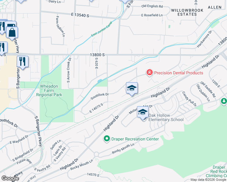 map of restaurants, bars, coffee shops, grocery stores, and more near 721 Southfork Drive in Draper