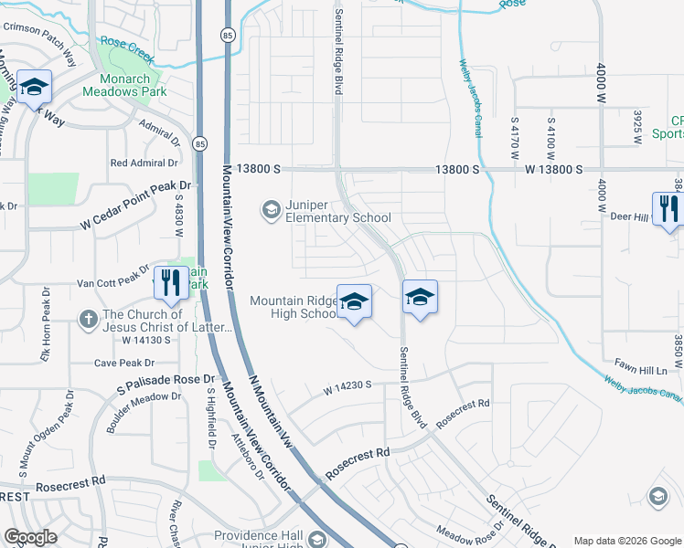 map of restaurants, bars, coffee shops, grocery stores, and more near 4513 West Watchmen Way in Herriman