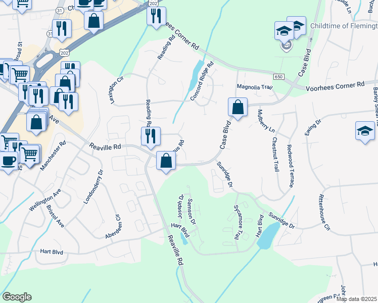 map of restaurants, bars, coffee shops, grocery stores, and more near 15 Krenkel Court in Flemington