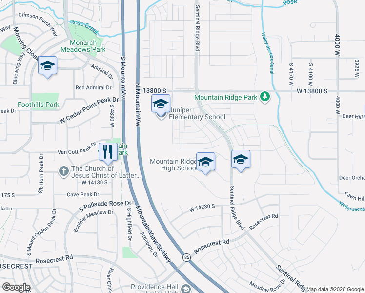 map of restaurants, bars, coffee shops, grocery stores, and more near 4701 West 13400 South in Riverton