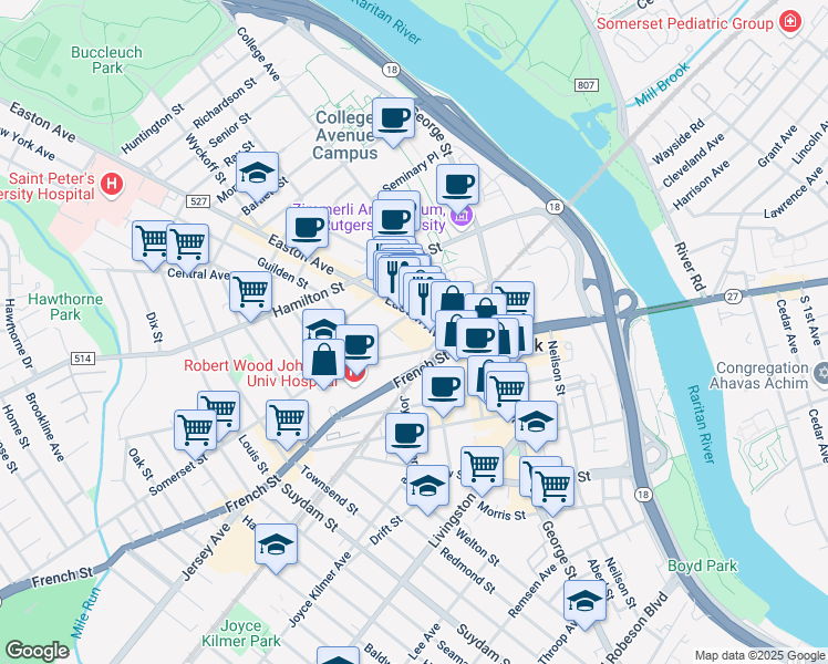 map of restaurants, bars, coffee shops, grocery stores, and more near 30 Easton Avenue in New Brunswick