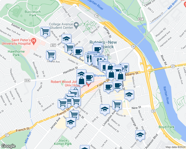 map of restaurants, bars, coffee shops, grocery stores, and more near 145 Somerset Street in New Brunswick
