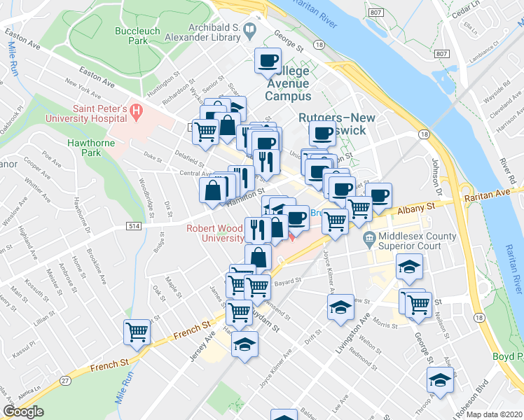 map of restaurants, bars, coffee shops, grocery stores, and more near 48 Division Street in New Brunswick