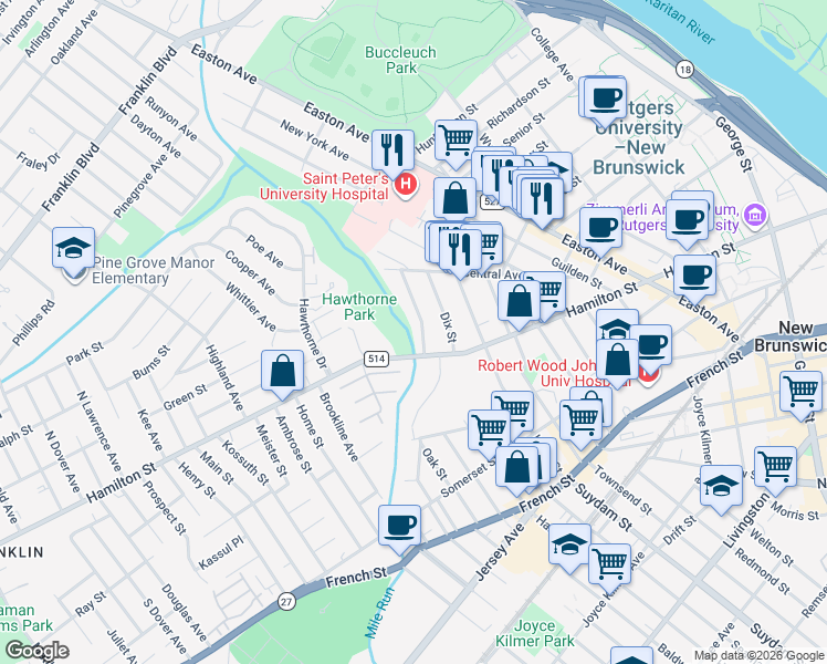 map of restaurants, bars, coffee shops, grocery stores, and more near 7 Woodbridge Street in New Brunswick