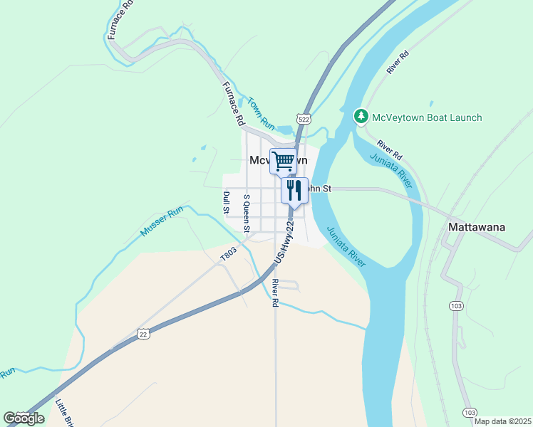 map of restaurants, bars, coffee shops, grocery stores, and more near 3 Criswell Street in McVeytown