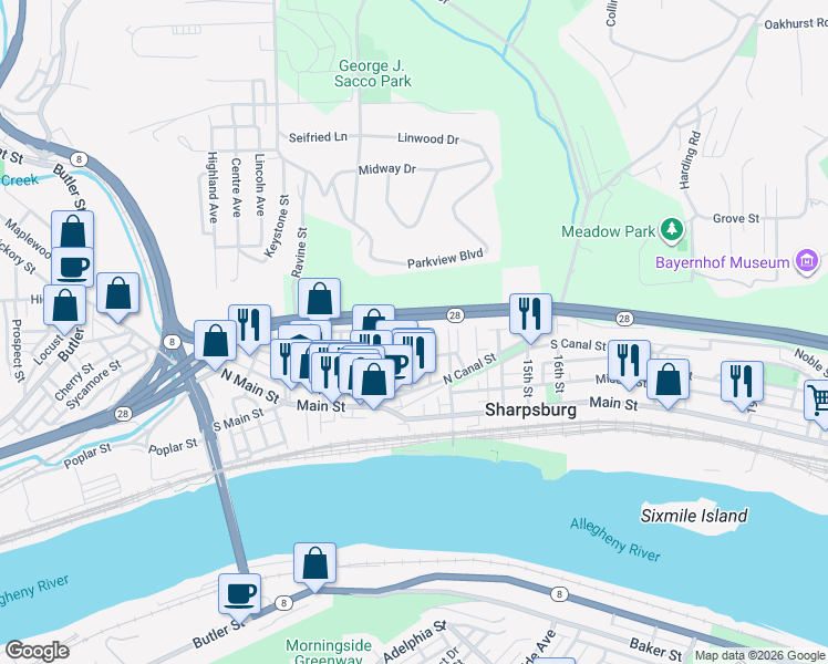 map of restaurants, bars, coffee shops, grocery stores, and more near 101 Sisca Street in Pittsburgh