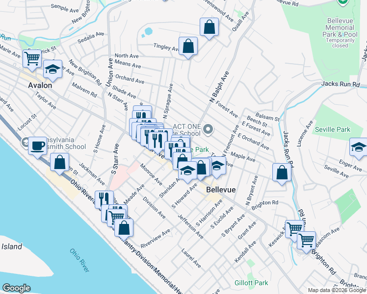 map of restaurants, bars, coffee shops, grocery stores, and more near 51 North Balph Avenue in Pittsburgh