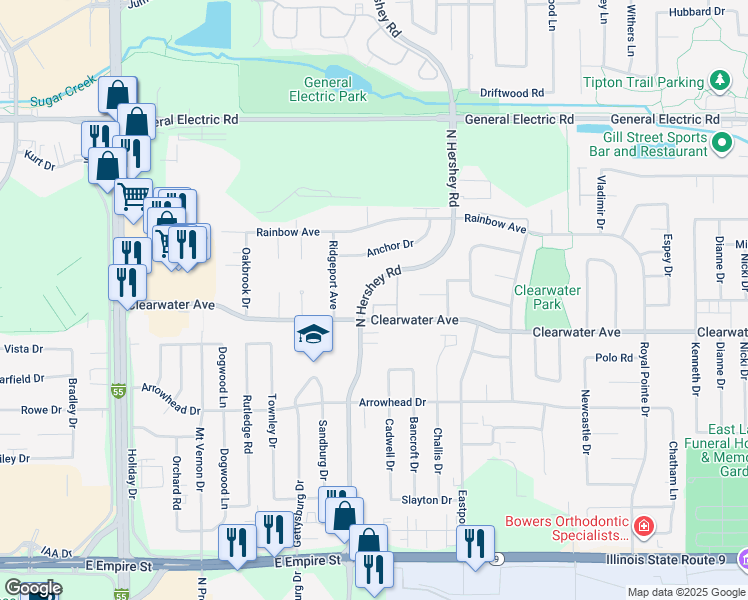 map of restaurants, bars, coffee shops, grocery stores, and more near 1412 North Hershey Road in Bloomington