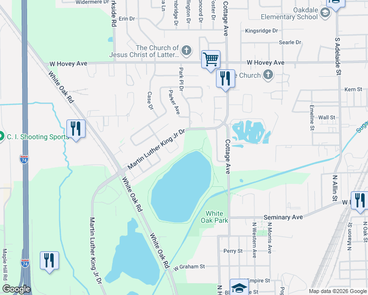 map of restaurants, bars, coffee shops, grocery stores, and more near 29 Lake Ridge Court in Bloomington