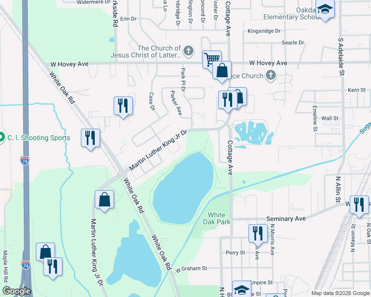 map of restaurants, bars, coffee shops, grocery stores, and more near 29 Lake Ridge Court in Bloomington