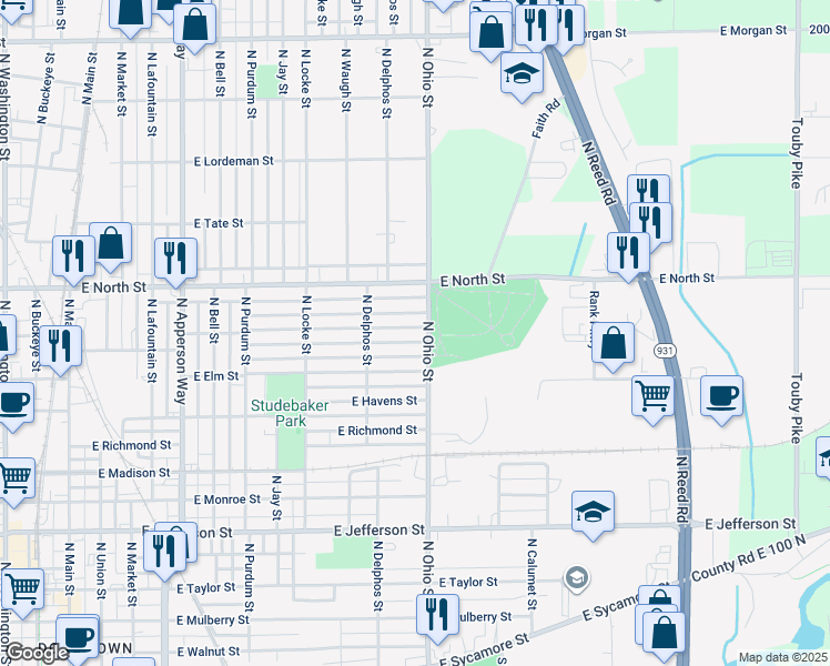 map of restaurants, bars, coffee shops, grocery stores, and more near 1046 East Broadway Street in Kokomo