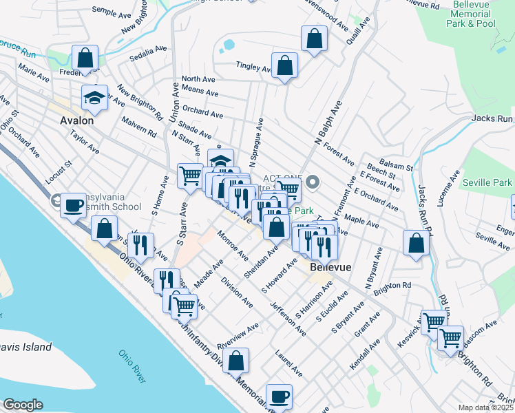 map of restaurants, bars, coffee shops, grocery stores, and more near 537 Bayne Avenue in Pittsburgh