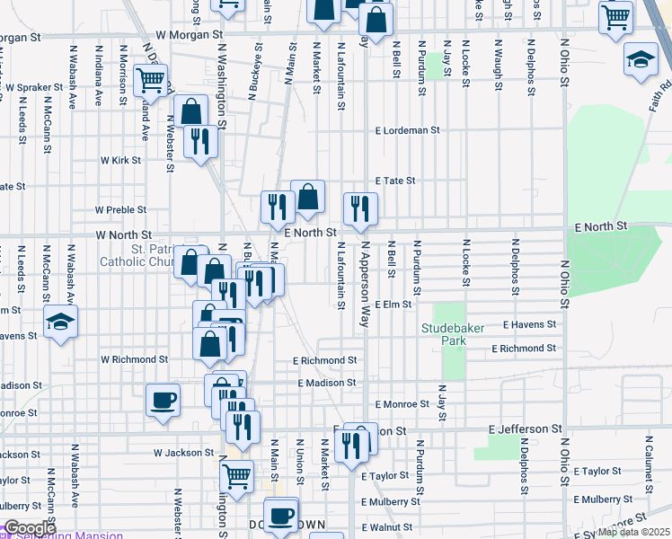 map of restaurants, bars, coffee shops, grocery stores, and more near 1215 North Lafountain Street in Kokomo
