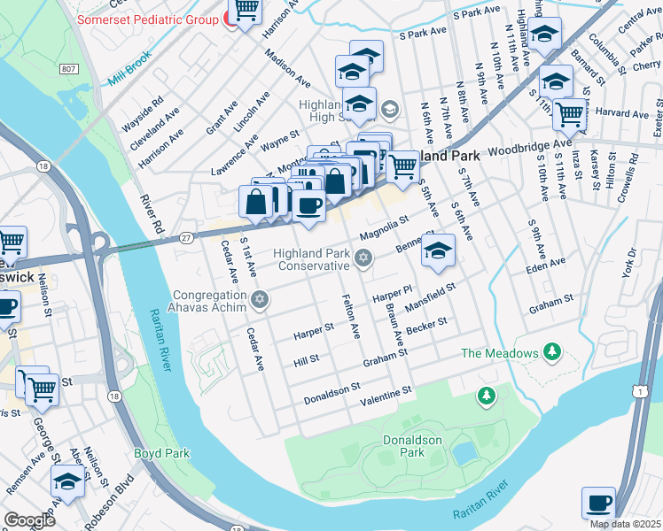 map of restaurants, bars, coffee shops, grocery stores, and more near 225 Benner Street in Highland Park