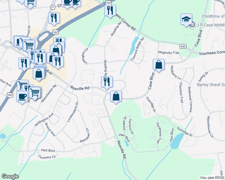 map of restaurants, bars, coffee shops, grocery stores, and more near 15 Lake Court in Flemington