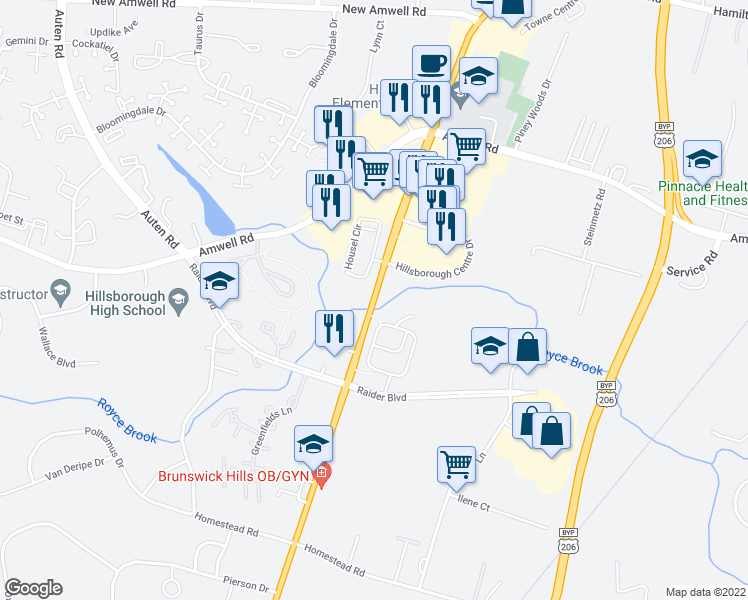 map of restaurants, bars, coffee shops, grocery stores, and more near 672 U.S. 206 in Somerset County