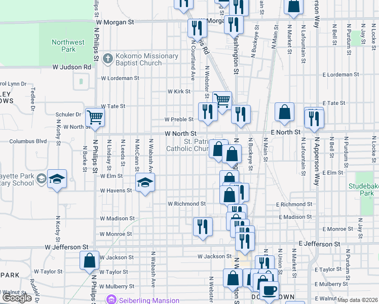 map of restaurants, bars, coffee shops, grocery stores, and more near 1201 North Courtland Avenue in Kokomo