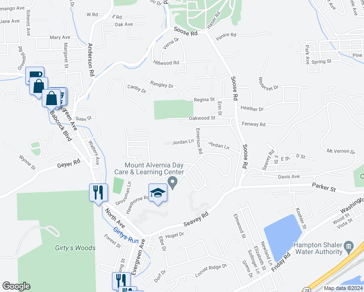 map of restaurants, bars, coffee shops, grocery stores, and more near 4 Jordan Ln in Pittsburgh
