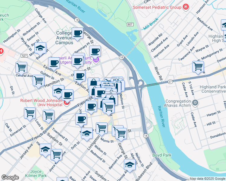 map of restaurants, bars, coffee shops, grocery stores, and more near 96 Albany Street in New Brunswick