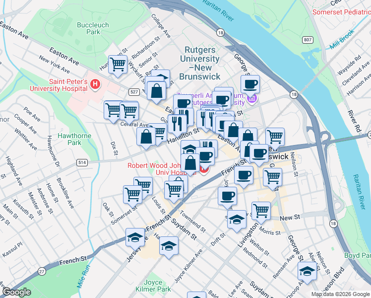 map of restaurants, bars, coffee shops, grocery stores, and more near 31 Division Street in New Brunswick