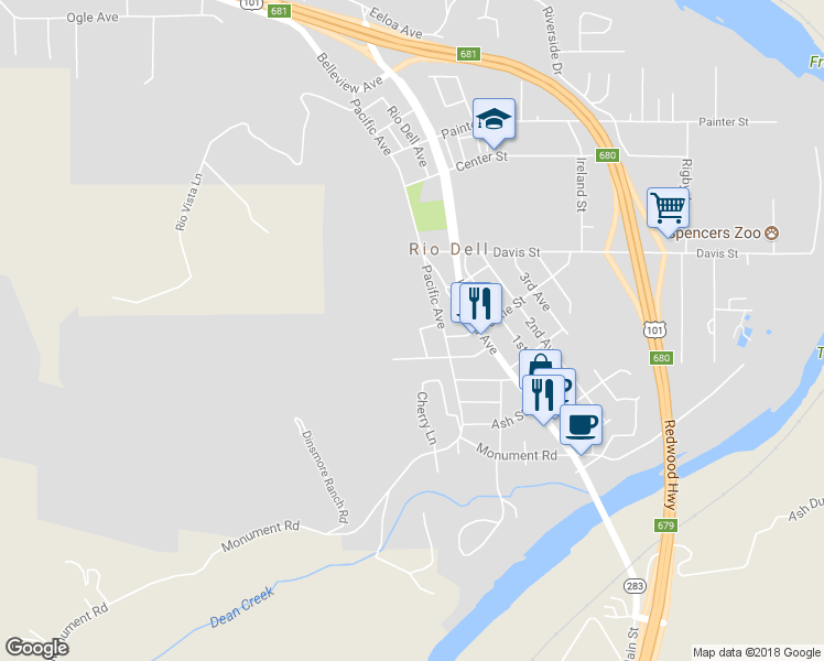 map of restaurants, bars, coffee shops, grocery stores, and more near 597 View Avenue in Rio Dell