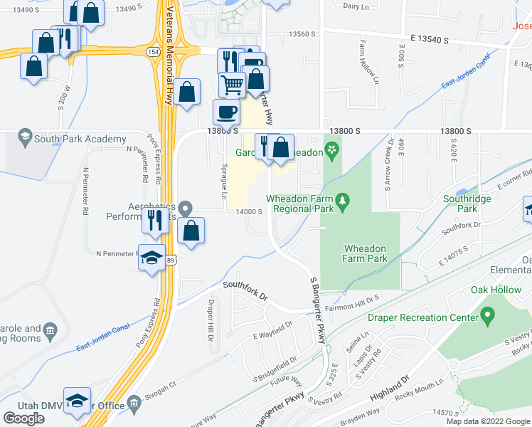 map of restaurants, bars, coffee shops, grocery stores, and more near 206 14000 South in Draper