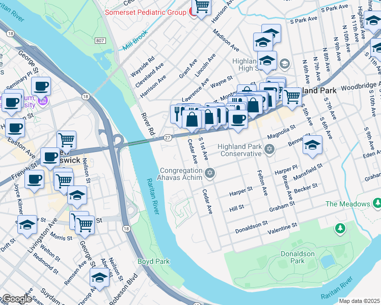map of restaurants, bars, coffee shops, grocery stores, and more near 31 Cedar Avenue in Highland Park