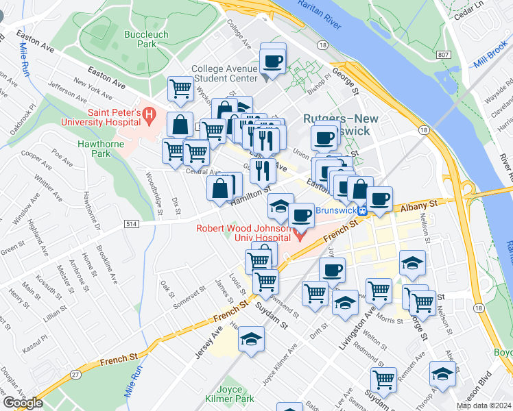 map of restaurants, bars, coffee shops, grocery stores, and more near 48 Division Street in New Brunswick