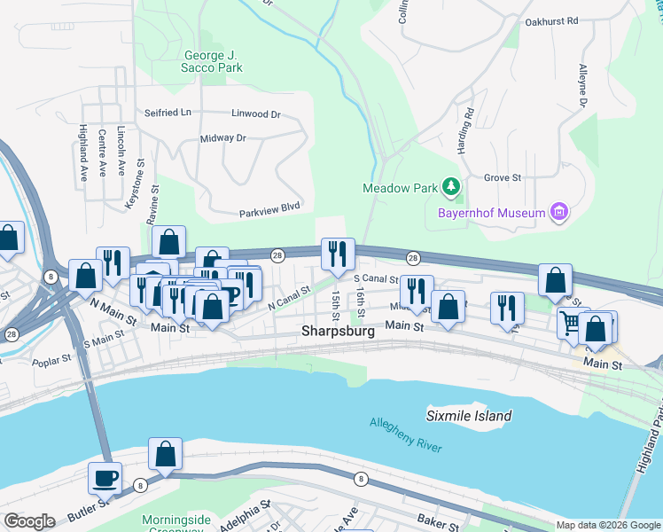 map of restaurants, bars, coffee shops, grocery stores, and more near 16 Heinz Terrace in Pittsburgh