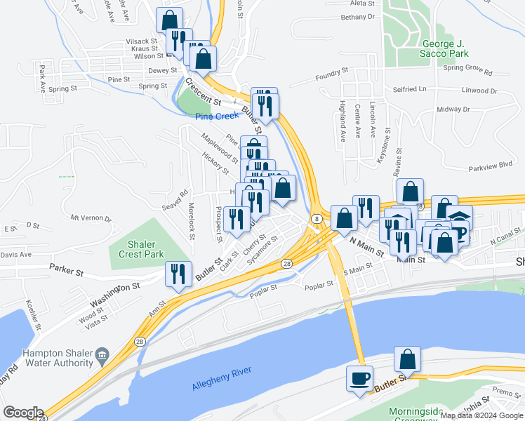 map of restaurants, bars, coffee shops, grocery stores, and more near 363 Butler Street in Etna