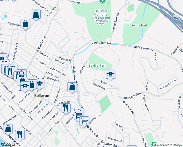map of restaurants, bars, coffee shops, grocery stores, and more near 212 Nina Road in Pittsburgh