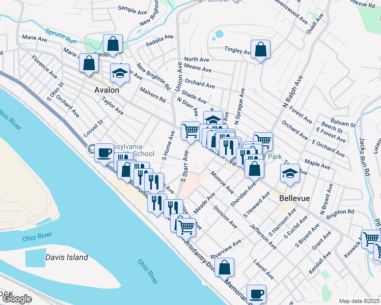 map of restaurants, bars, coffee shops, grocery stores, and more near in Ben Avon