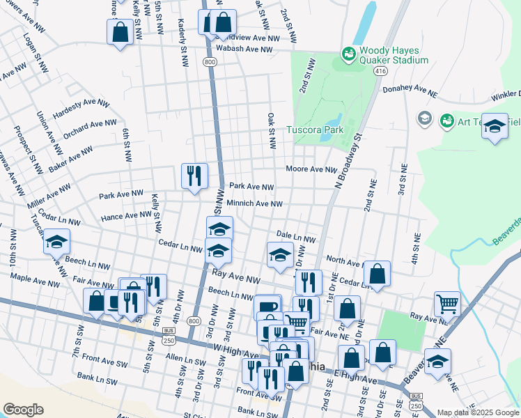 map of restaurants, bars, coffee shops, grocery stores, and more near 444 3rd Street Northwest in New Philadelphia
