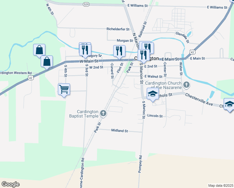 map of restaurants, bars, coffee shops, grocery stores, and more near 400 Park Street in Cardington