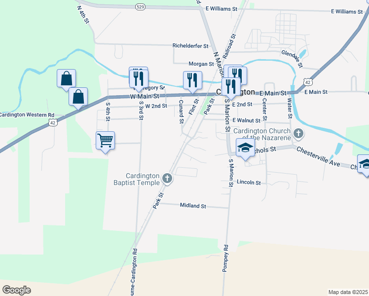 map of restaurants, bars, coffee shops, grocery stores, and more near 400 Park Street in Cardington