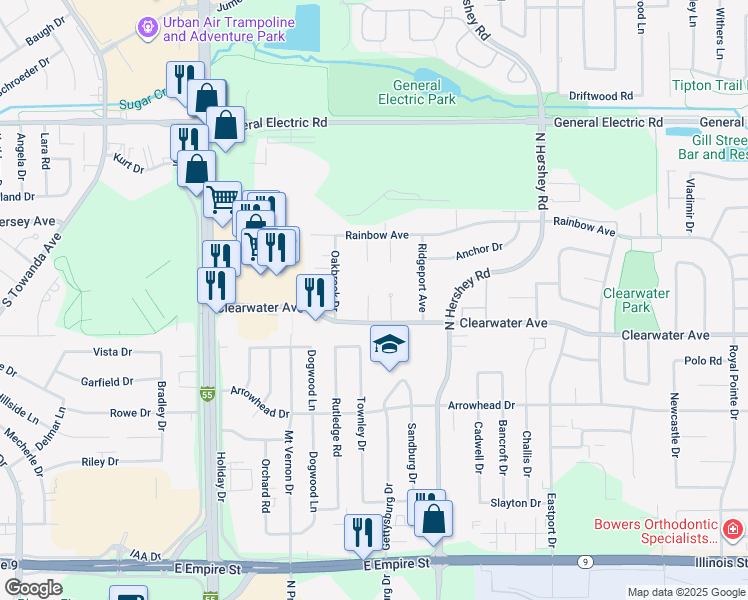 map of restaurants, bars, coffee shops, grocery stores, and more near 11 Sunshine Court in Bloomington