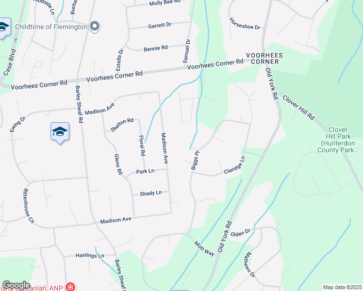 map of restaurants, bars, coffee shops, grocery stores, and more near 3 Waterford Court in Flemington