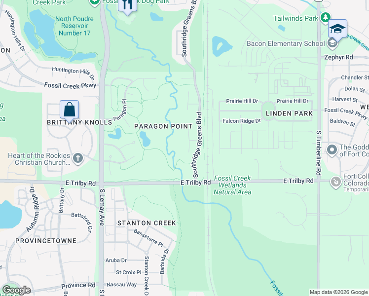 map of restaurants, bars, coffee shops, grocery stores, and more near 6419 Falcon Ridge Court in Fort Collins