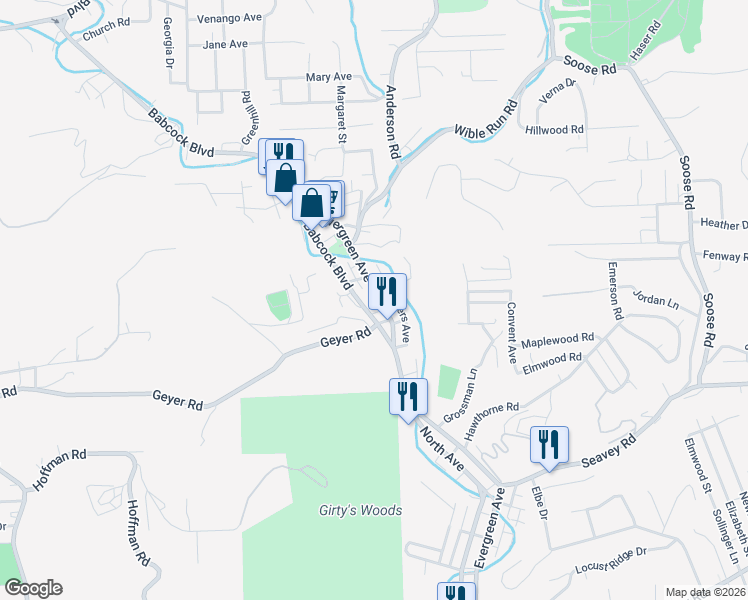 map of restaurants, bars, coffee shops, grocery stores, and more near 1427 Evergreen Road in Pittsburgh