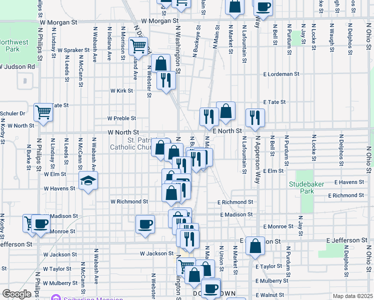 map of restaurants, bars, coffee shops, grocery stores, and more near 204 West Broadway Street in Kokomo