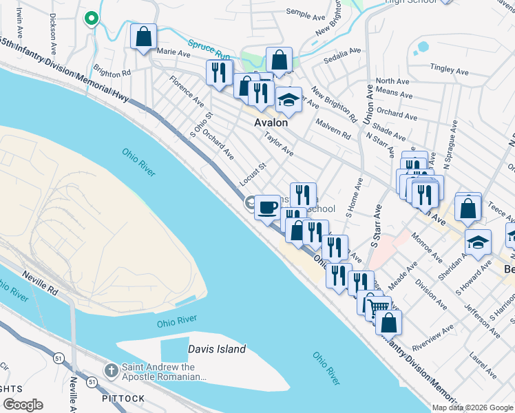 map of restaurants, bars, coffee shops, grocery stores, and more near 811 Peach Alley in Avalon
