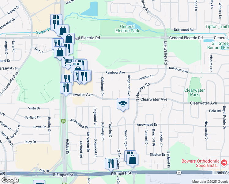 map of restaurants, bars, coffee shops, grocery stores, and more near 5 Starlight Court in Bloomington