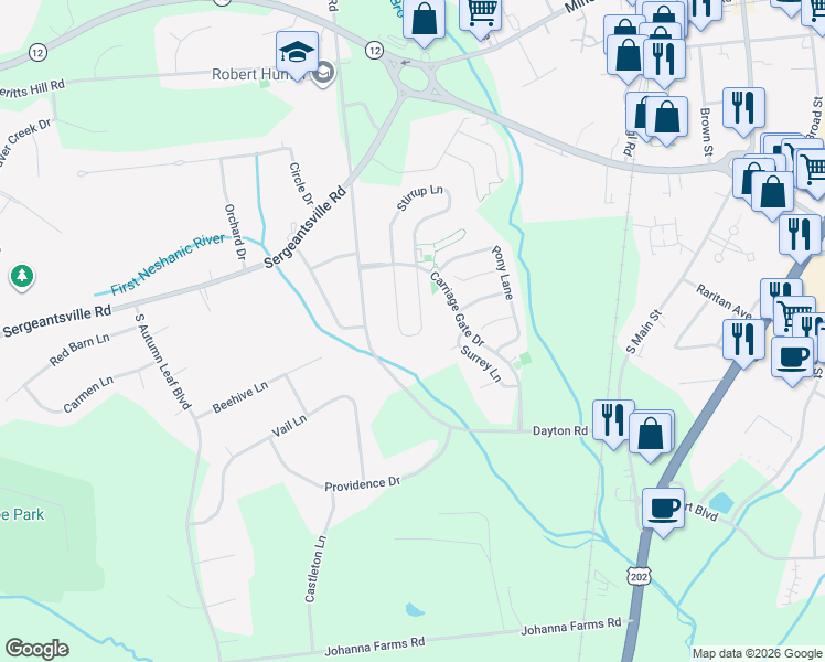 map of restaurants, bars, coffee shops, grocery stores, and more near 23 Colts Ln in Flemington