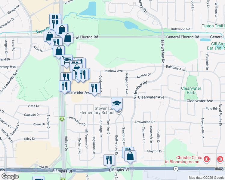 map of restaurants, bars, coffee shops, grocery stores, and more near 11 Sunshine Court in Bloomington