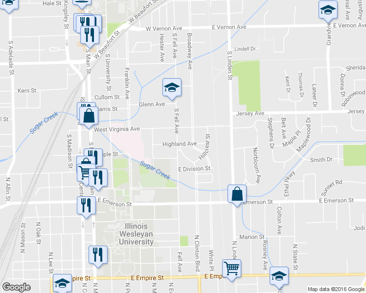 map of restaurants, bars, coffee shops, grocery stores, and more near 2 Clinton Place in Normal