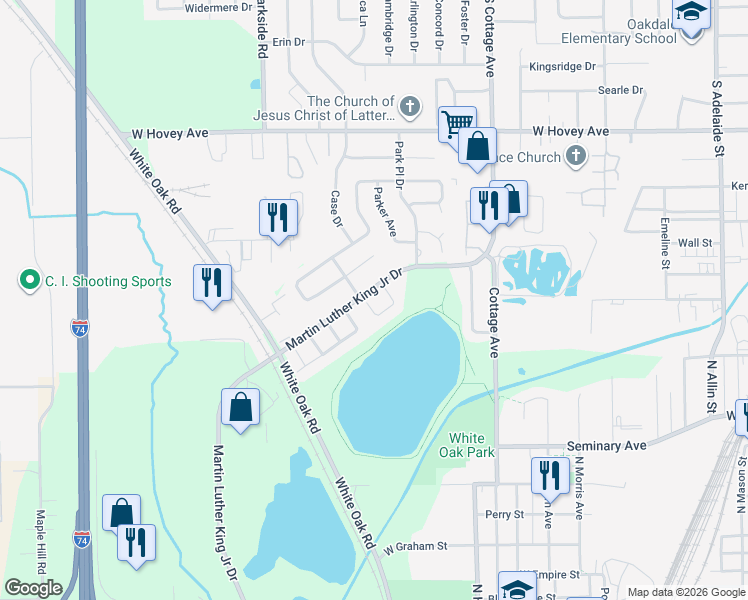 map of restaurants, bars, coffee shops, grocery stores, and more near 4 Lake Ridge Court in Bloomington