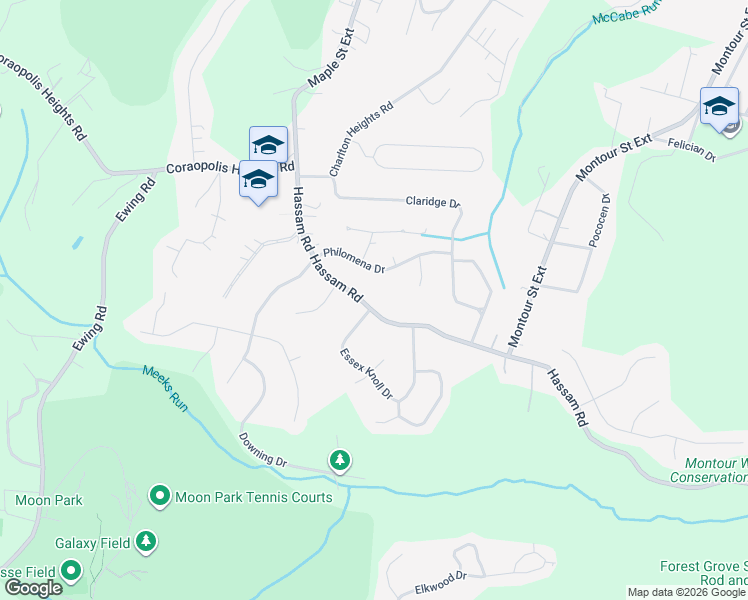 map of restaurants, bars, coffee shops, grocery stores, and more near 1757 Hassam Road in Coraopolis
