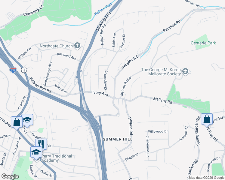 map of restaurants, bars, coffee shops, grocery stores, and more near 4257 Evergreen Road in Pittsburgh